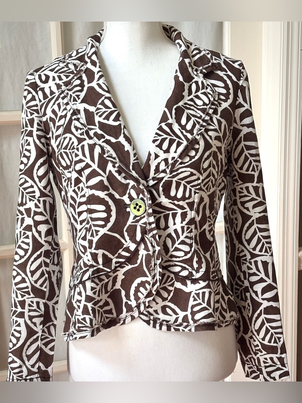 100% Linen Y2K Botanical Leaf Print Blazer Jacket Brown Ivory Petite 6P